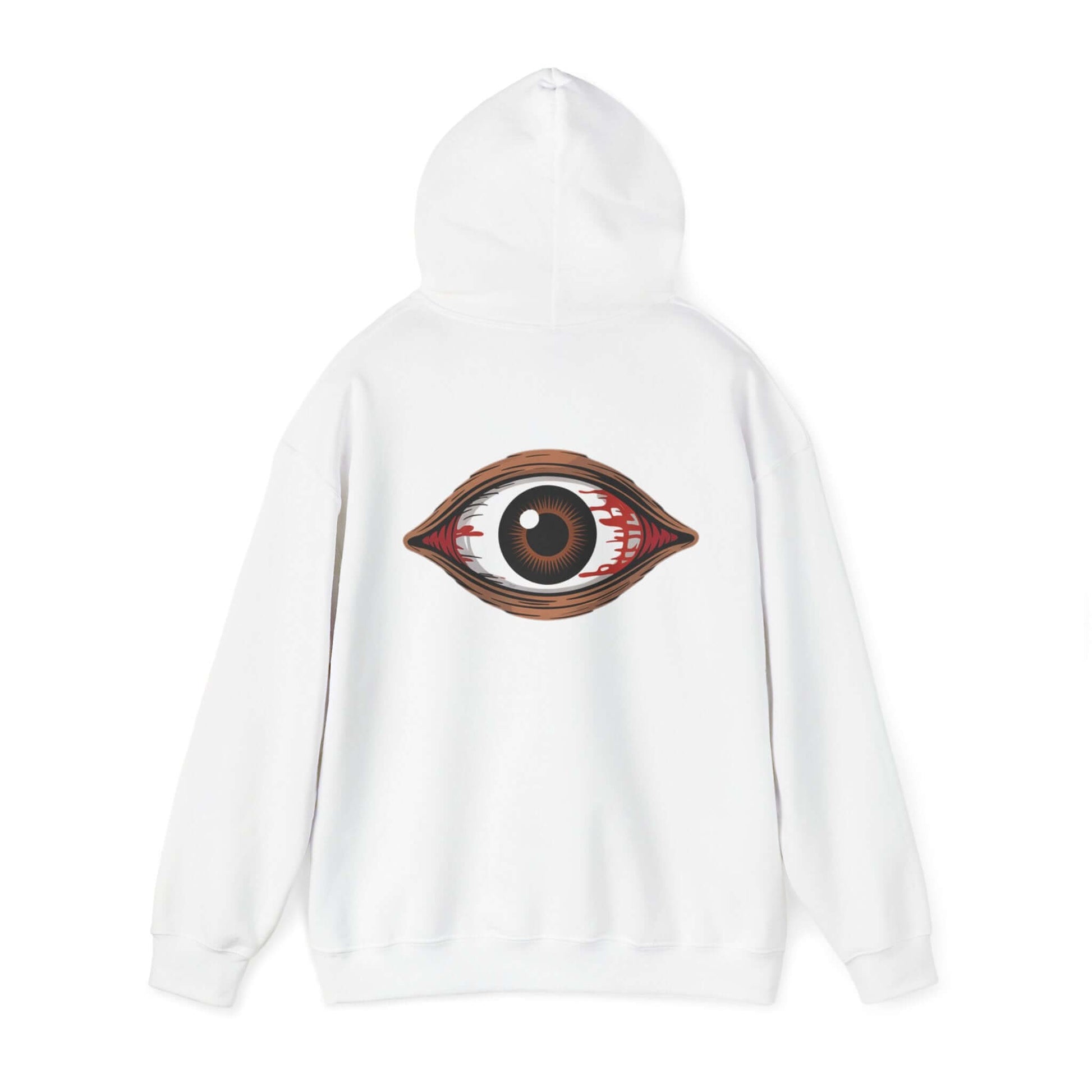 Back view of a white hoodie featuring a spooky bloody brown eye design, ideal for music festivals and Halloween.