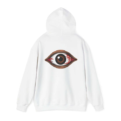 Back view of a white hoodie featuring a spooky bloody brown eye design, ideal for music festivals and Halloween.