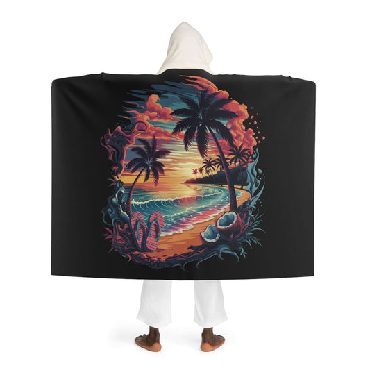 Hooded Sherpa Fleece Blanket - Sunset Tropical Beach with Palm Trees and Coconuts