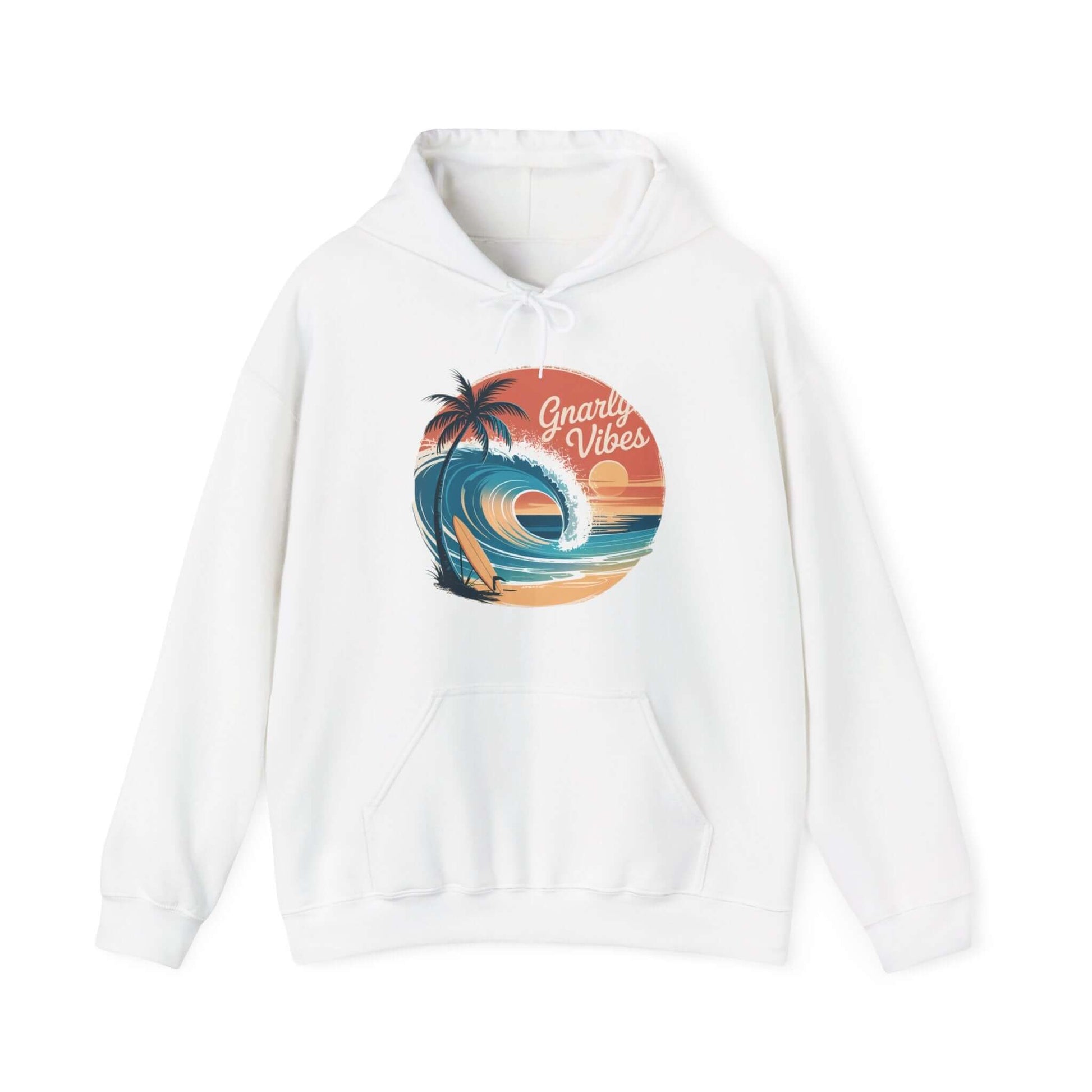 Vintage sunset beach hoodie with big wave and tropical sunset design, perfect for surf culture and gnarly vibes.