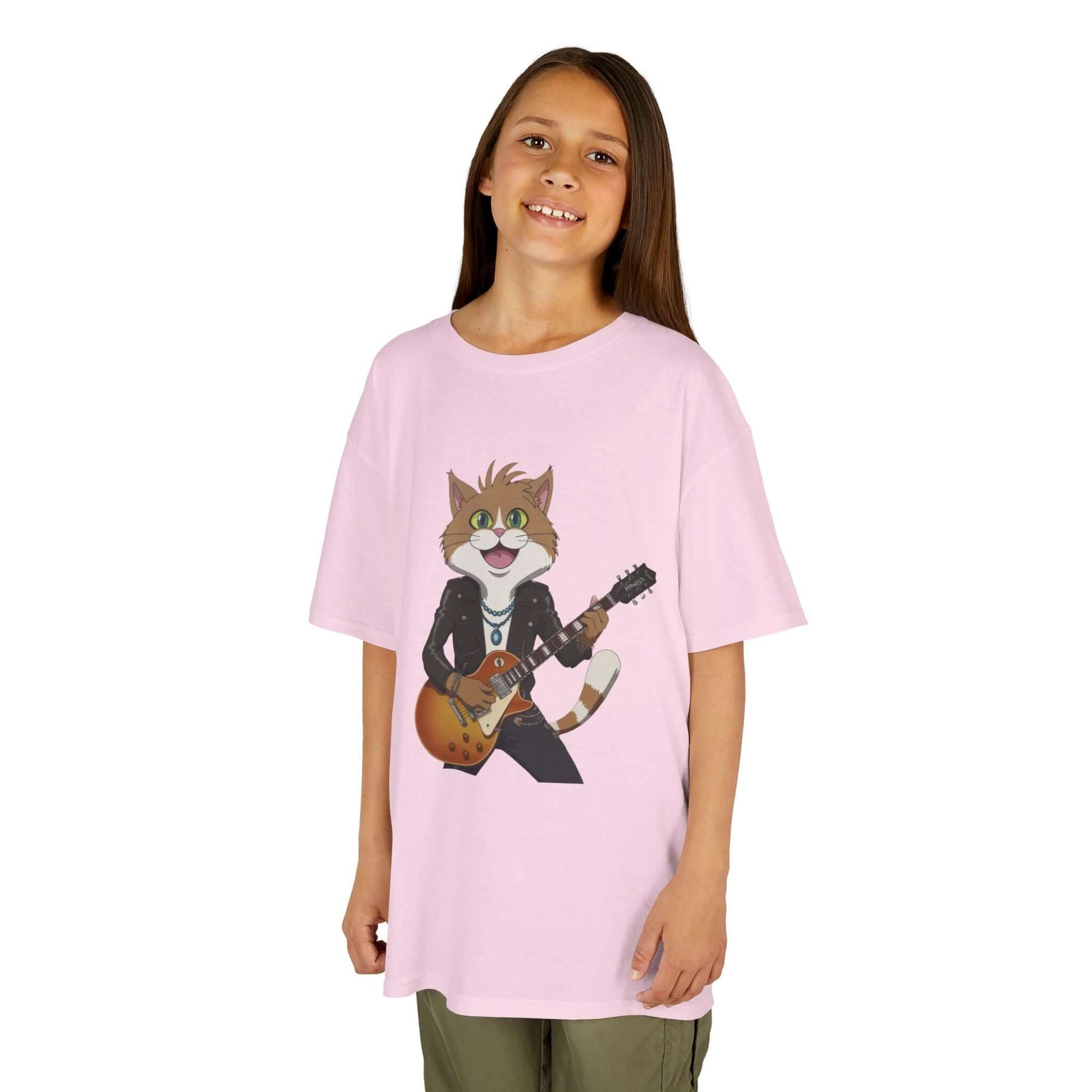 Light pink Kid's Tee with a rock and roll cat playing guitar design, perfect for music and cat lovers.