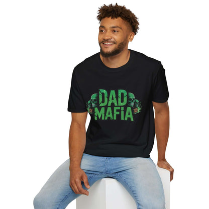 Unisex 'DAD MAFIA' T-shirt featuring neon green accents and skull graphics, perfect for making a bold statement.