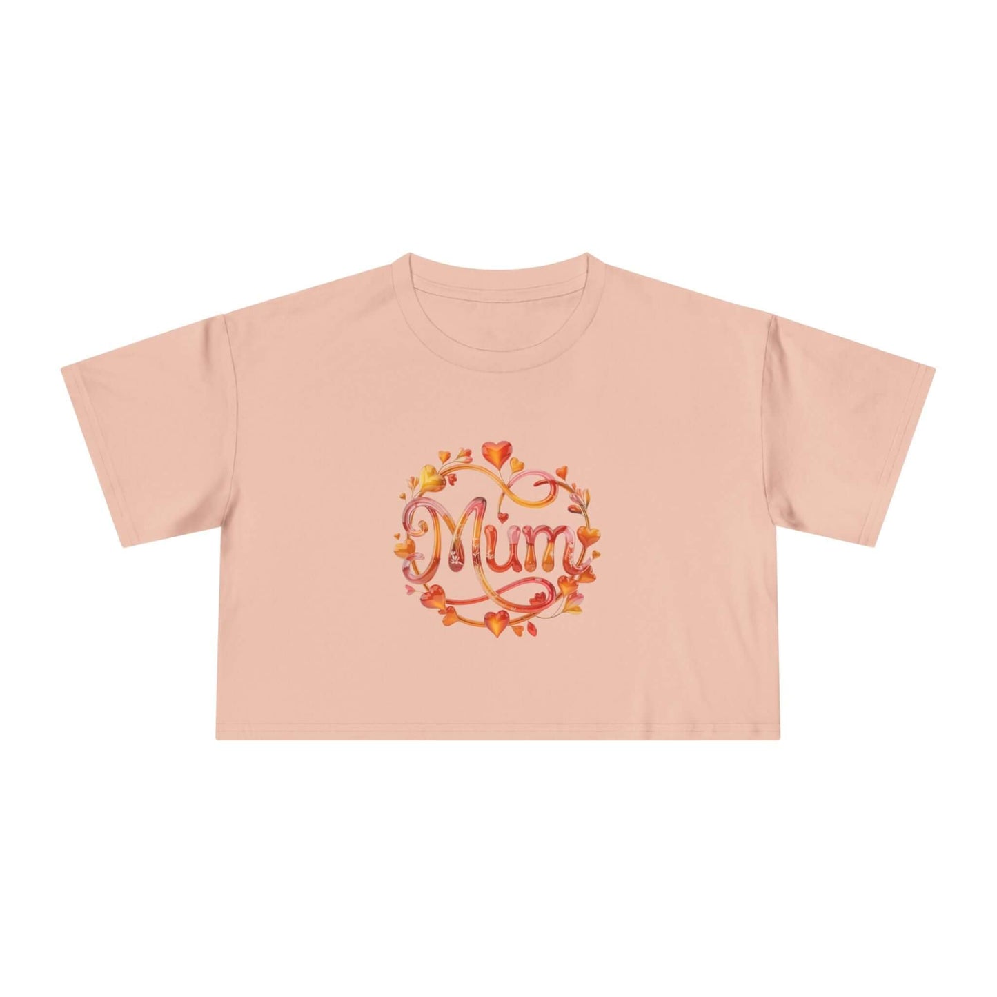 Stylish pale pink women's crop top with 'Mum' design featuring translucent flower and heart accents, perfect for Mother's Day.