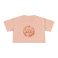 Stylish pale pink women's crop top with 'Mum' design featuring translucent flower and heart accents, perfect for Mother's Day.