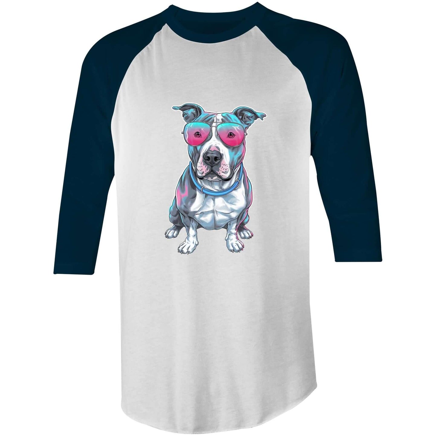 AS Colour Raglan T-Shirt featuring retro synth wave style Pit Bull design with pink sunglasses, perfect for animal lovers