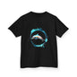 Black kid's Tee featuring a dolphin jumping through a colorful water ring, perfect for animal lovers.