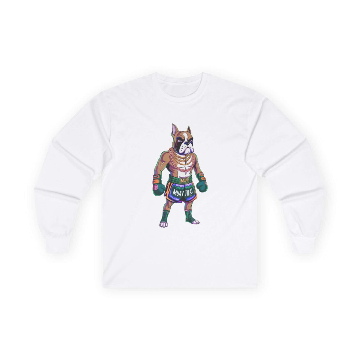 Long Sleeve Tee - Cartoon Boxer Dog Muay Thai Fighter Design - Cookies Trend Collective