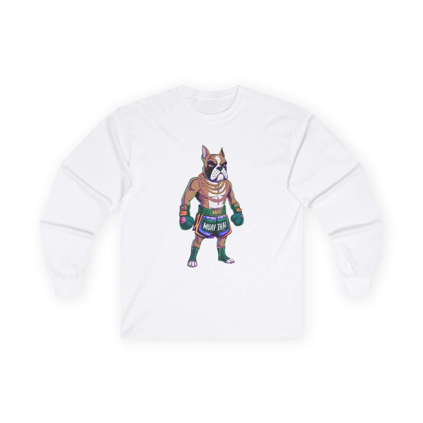 Long sleeve tee featuring a cartoon Boxer Dog dressed as a Muay Thai fighter, perfect for casual wear.