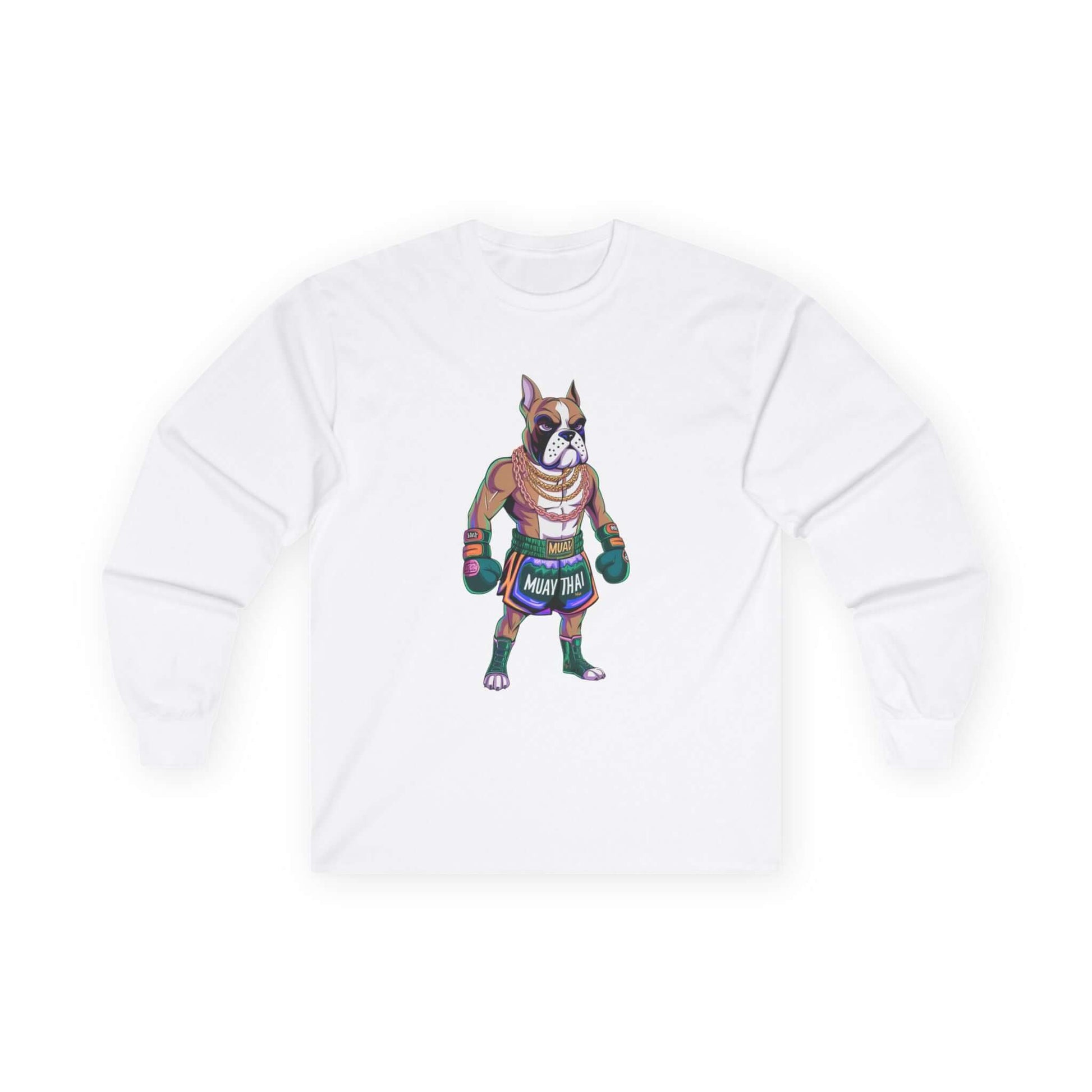 Long sleeve tee featuring a cartoon Boxer Dog dressed as a Muay Thai fighter, perfect for casual wear.