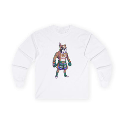 Long sleeve tee featuring a cartoon Boxer Dog dressed as a Muay Thai fighter, perfect for casual wear.