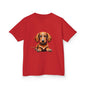 Tan Dachshund puppy graphic on red Kid's T-shirt, perfect for dog lovers and children.