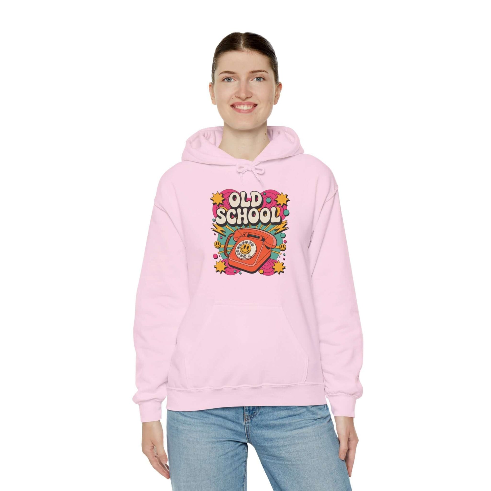 Hooded sweatshirt featuring Old School retro design with dial-up telephone, stars, and colorful graphics on a pink background.