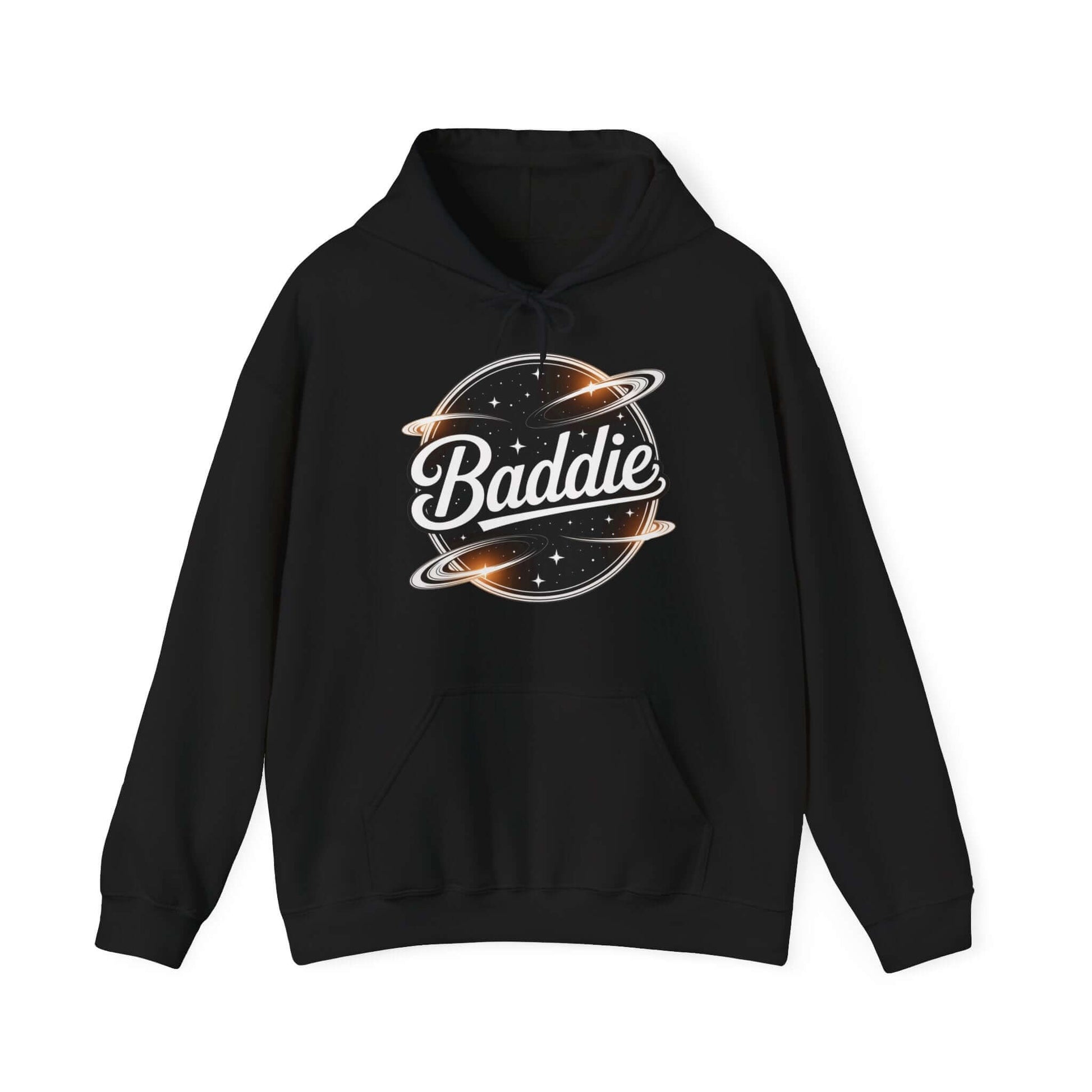 Black hooded jumper featuring 'Baddie' universe design with retro style, perfect for trendy casual wear.