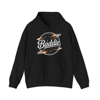 Black hooded jumper featuring 'Baddie' universe design with retro style, perfect for trendy casual wear.