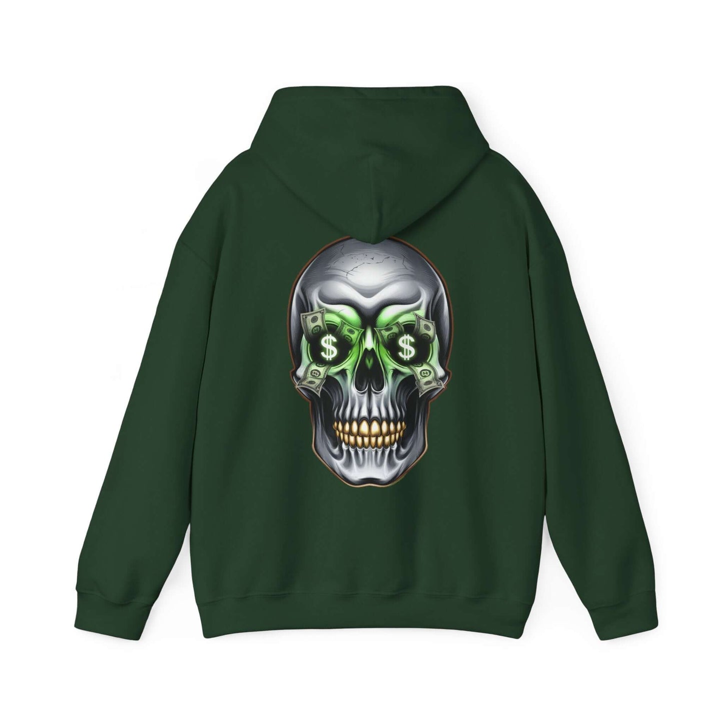 Cool money skull hoodie with dollar bills in eye sockets and edgy design for streetwear fashion.