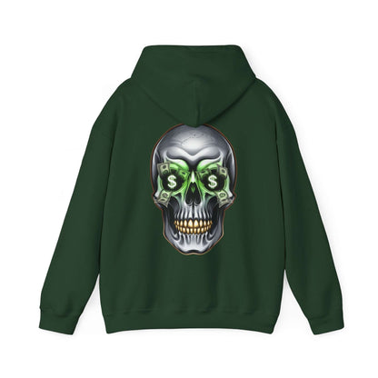 Cool money skull hoodie with dollar bills in eye sockets and edgy design for streetwear fashion.