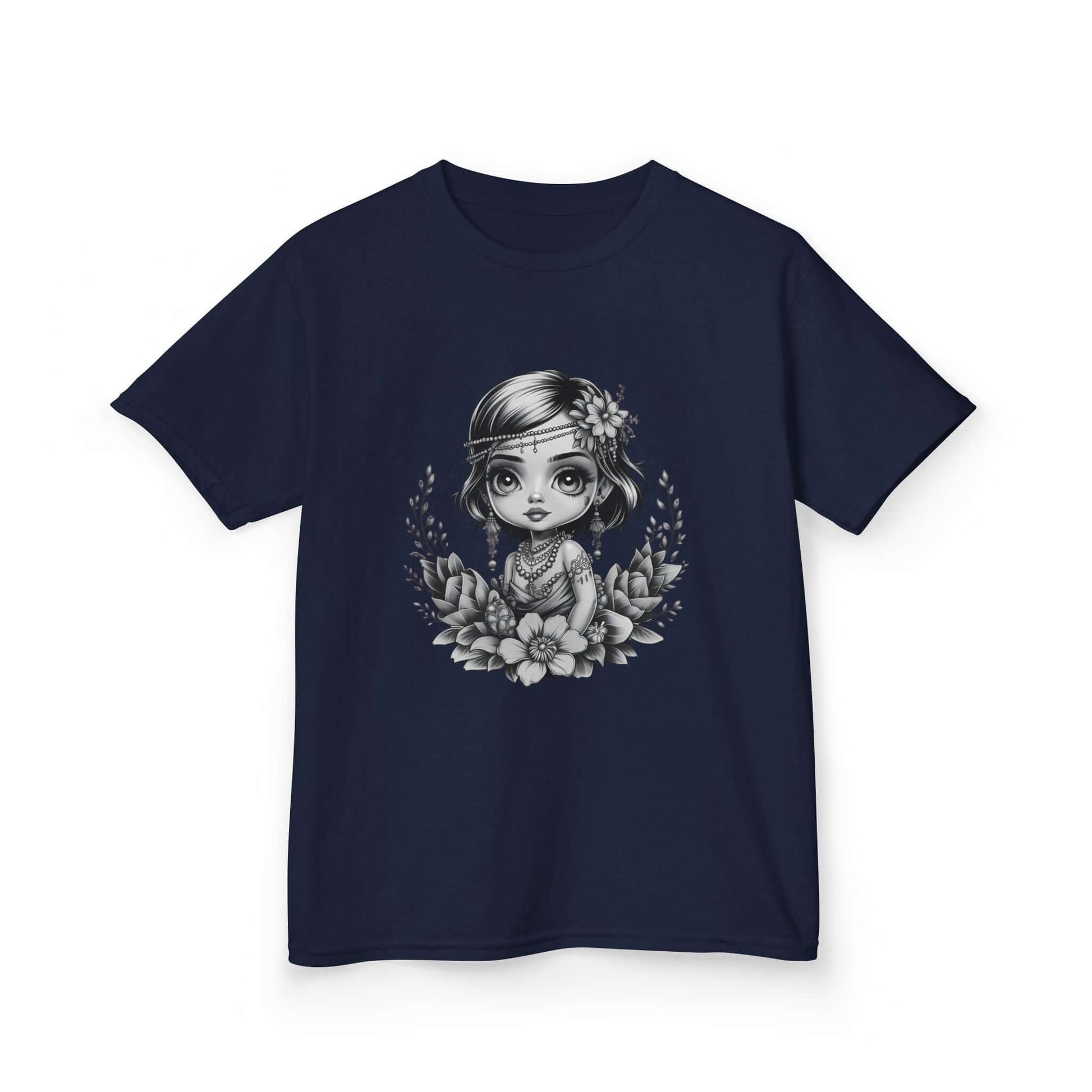 Black and white chibi girl illustration with jewelry and flowers on a navy kids tee, cute and playful design.