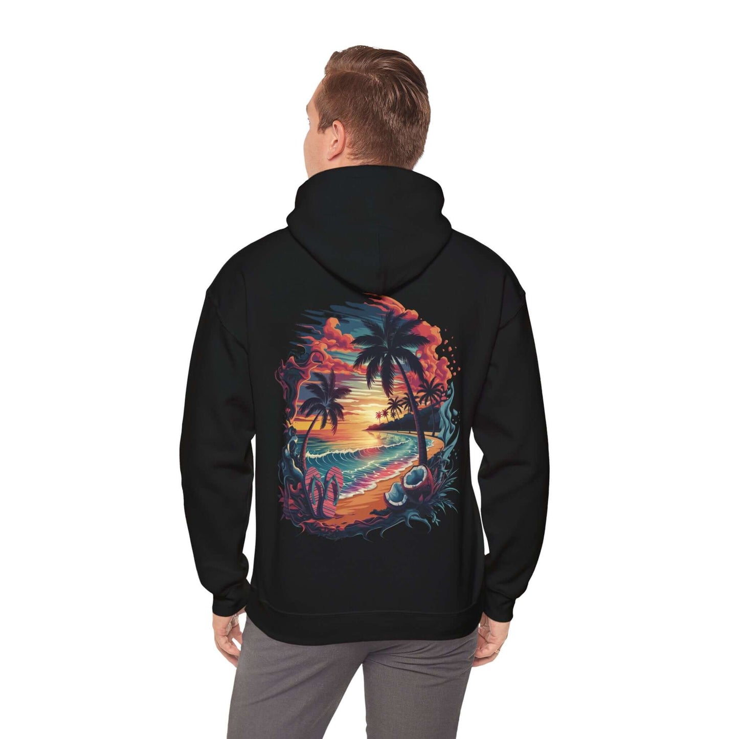 Hooded sweatshirt featuring a vibrant tropical sunset beach scene with palm trees and coastal vibes.