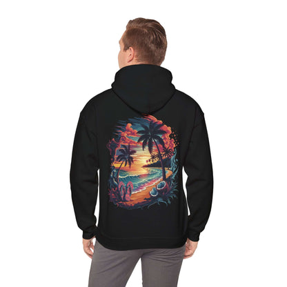 Hooded sweatshirt featuring a vibrant tropical sunset beach scene with palm trees and coastal vibes.