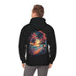 Hooded sweatshirt featuring a vibrant tropical sunset beach scene with palm trees and coastal vibes.