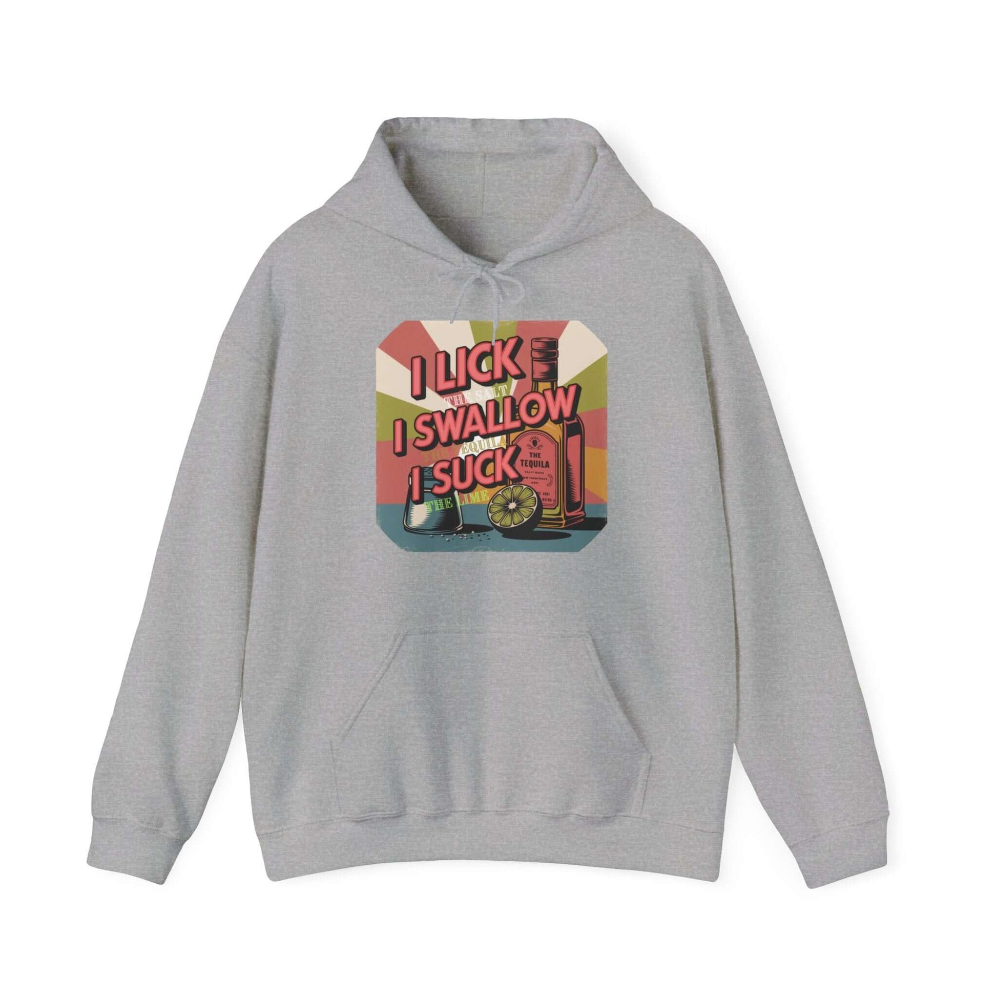 Funny tequila hoodie with playful retro design featuring humorous text and vibrant graphics.