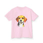 Cute hound dog illustration on a pink kids tee, perfect for young animal lovers and casual wear.
