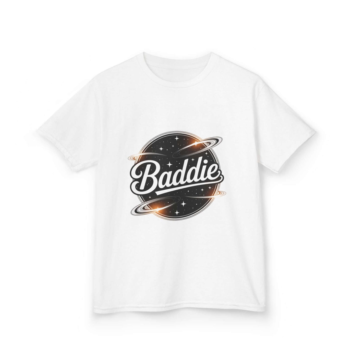 Kids white Tee featuring a trendy retro 'Baddie' universe design with planet graphics on a gray shirt.