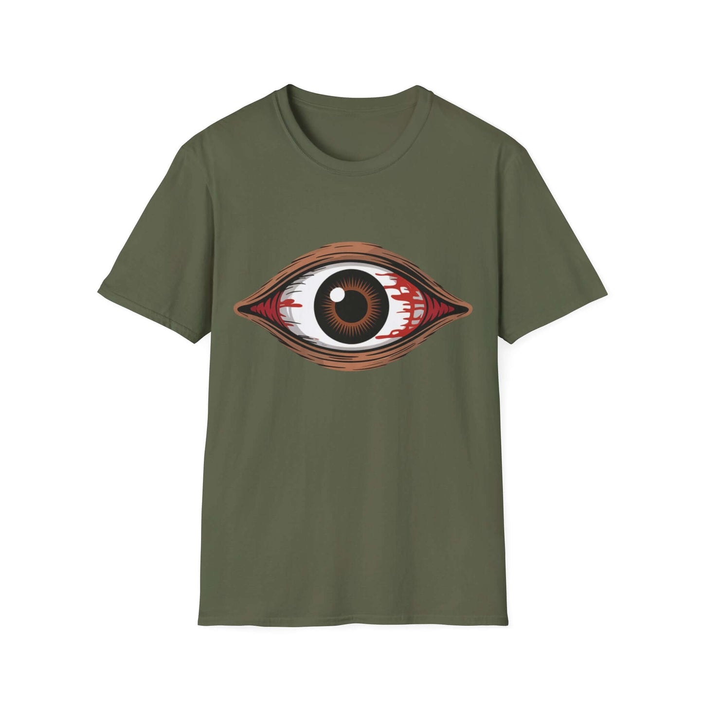 Unisex softstyle T-shirt featuring a bloody brown eye design, perfect for music festivals and Halloween.
