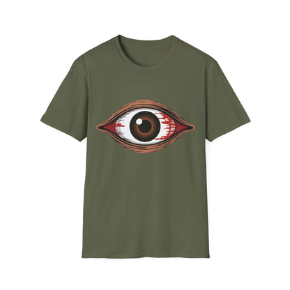 Unisex softstyle T-shirt featuring a bloody brown eye design, perfect for music festivals and Halloween.