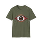 Unisex softstyle T-shirt featuring a bloody brown eye design, perfect for music festivals and Halloween.