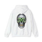 Cool skull hoodie with money symbols and dollar bills in eye sockets, perfect for streetwear fashion.