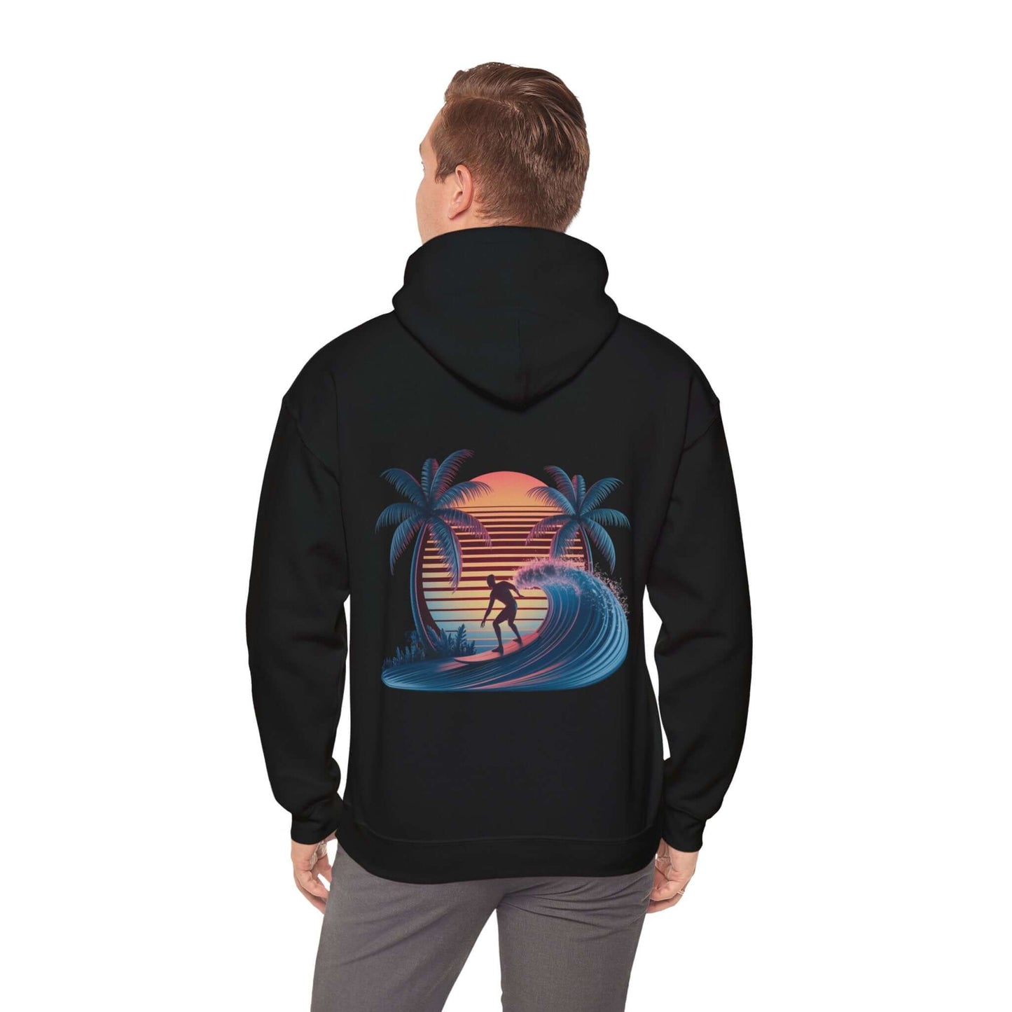 Hooded jumper featuring sunset surfer illustration with synth-wave effect and palm trees, ideal for surf and beach wear.
