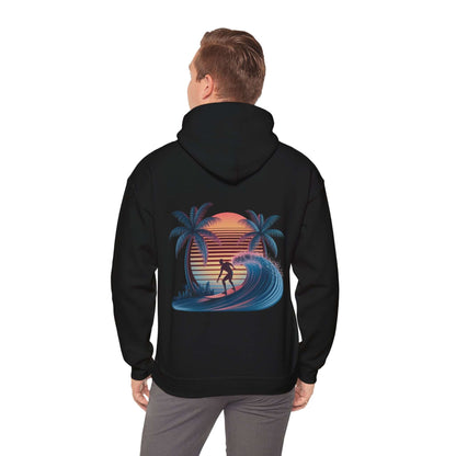 Hooded jumper featuring sunset surfer illustration with synth-wave effect and palm trees, ideal for surf and beach wear.