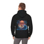 Hooded jumper featuring sunset surfer illustration with synth-wave effect and palm trees, ideal for surf and beach wear.