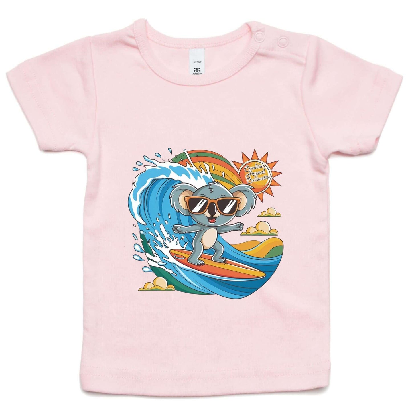 Infant tee featuring a cool surfing koala riding a wave, perfect for beach-loving families.