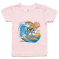 Infant tee featuring a cool surfing koala riding a wave, perfect for beach-loving families.