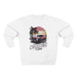 White Vintage muscle car sunset Sweatshirt with 'Cruising Vibes' text and tropical design, perfect jumper for casual winter wear and retro car enthusiasts.