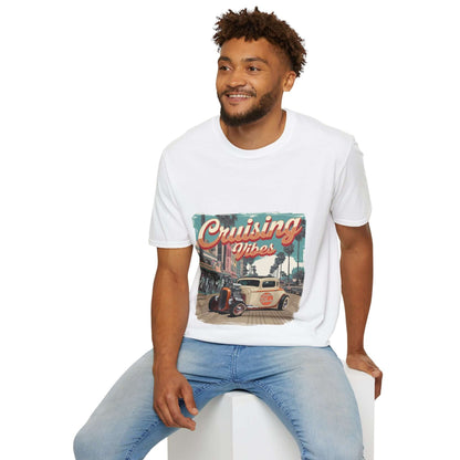 Man wearing a vintage hotrod 'Cruising Vibes' T-Shirt with a design featuring a classic car and palm trees.