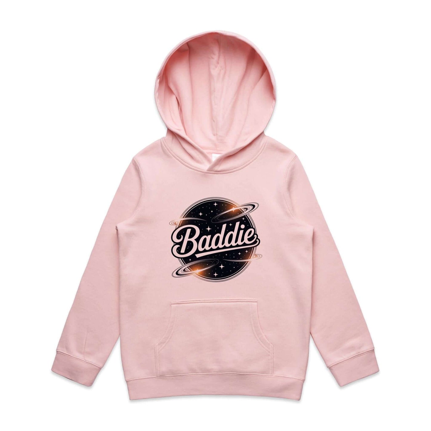 Light Pink kid's hooded jumper featuring retro 'Baddie' universe design with kangaroo pocket, perfect for trendy casual wear.