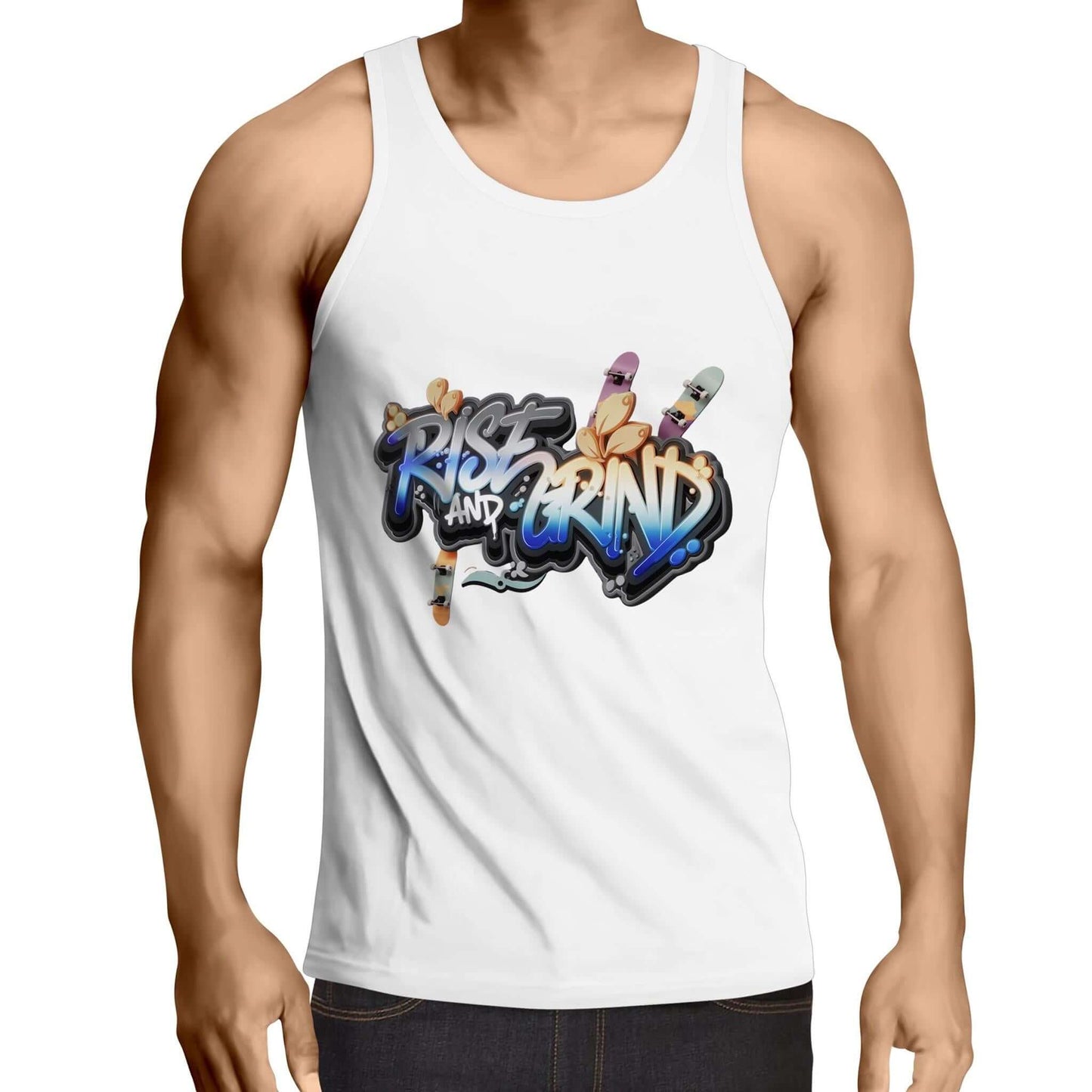 AS Colour Rise and Grind men's singlet top with graffiti style skater/coffee design, perfect for coffee lovers who skate.