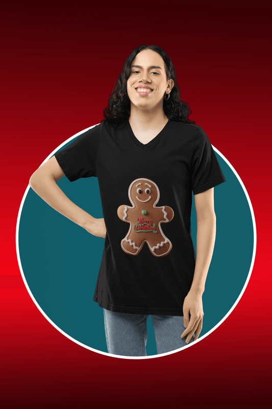 Christmas V-Neck Tee with Gingerbread Man Design