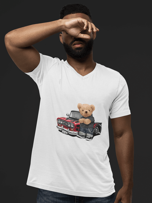 V-Neck Tee - Cool Teddy Bear Pickup Truck Design