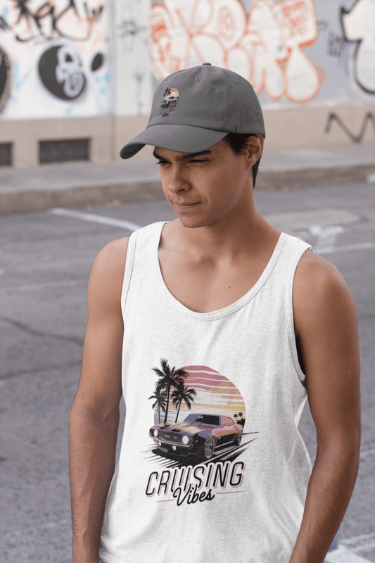 Vintage muscle car sunset Tank Top with 'Cruising Vibes' text and tropical design, perfect for casual summer wear and retro car enthusiasts.