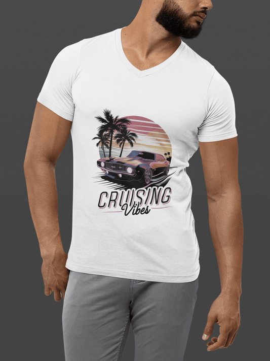 Vintage muscle car sunset V-Neck Tee, T-shirt with 'Cruising Vibes' text and palm trees, perfect for retro style and casual wear.