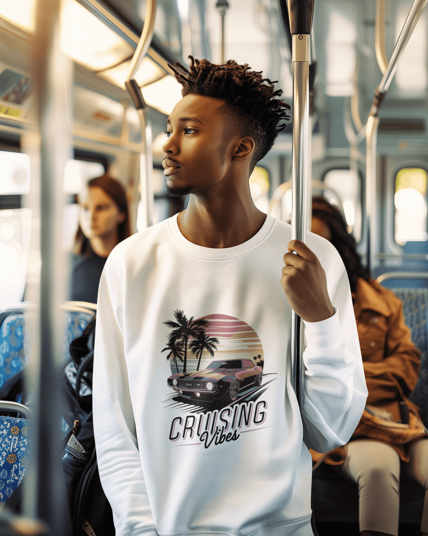 Vintage muscle car sunset Sweatshirt with 'Cruising Vibes' text and tropical design, perfect jumper for casual winter wear and retro car enthusiasts.