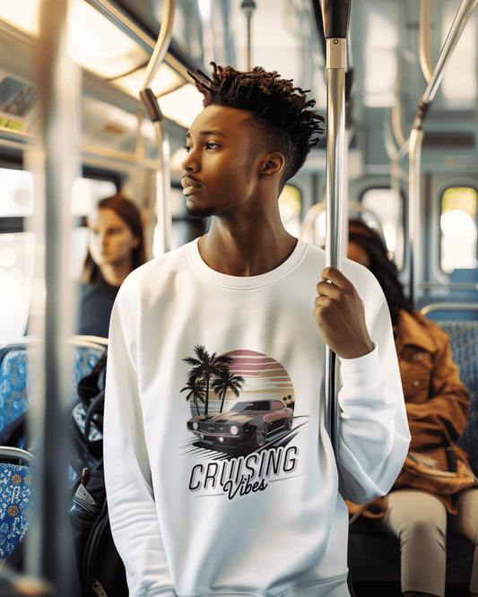 Vintage muscle car sunset Sweatshirt with 'Cruising Vibes' text and tropical design, perfect jumper for casual winter wear and retro car enthusiasts.