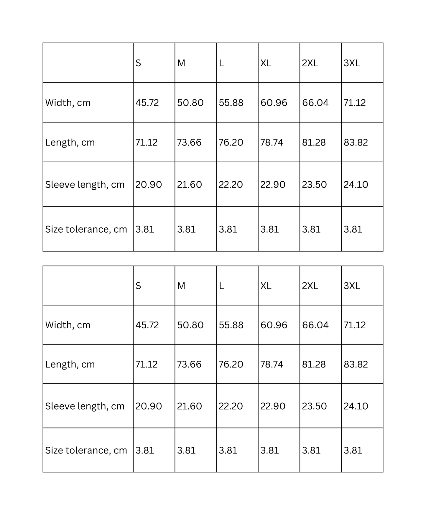 Size chart for Funny Typography T-Shirt showing measurements for S, M, L, XL, 2XL, and 3XL in centimeters.