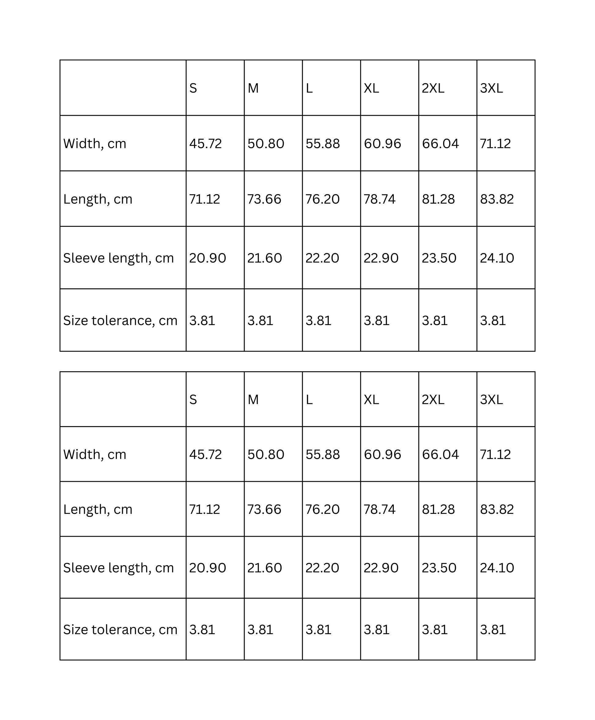 Size chart for Funny Typography T-Shirt showing measurements for S, M, L, XL, 2XL, and 3XL in centimeters.