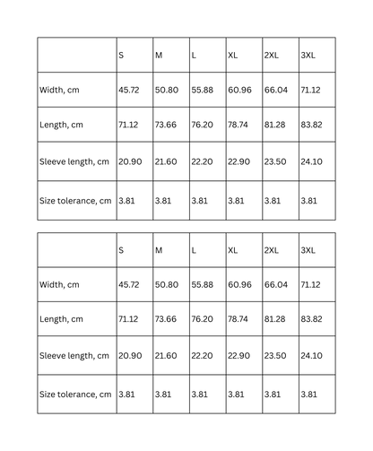 Size chart for Funny Typography T-Shirt showing measurements for S, M, L, XL, 2XL, and 3XL in centimeters.