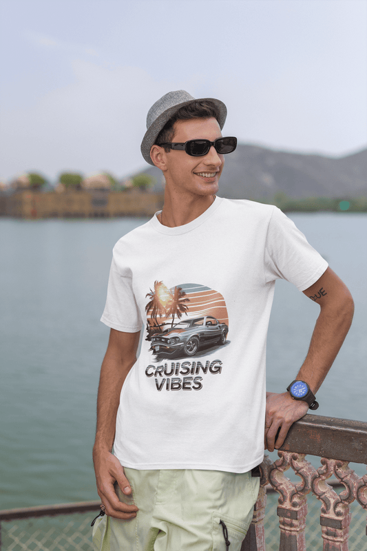 White Vintage muscle car sunset T-Shirt with 'Cruising Vibes' text and tropical design, perfect Tee for casual winter wear and retro car enthusiasts.